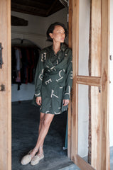 The Terra Tribe Deep Green Line Printed Seattle Wrap Shirt Dress