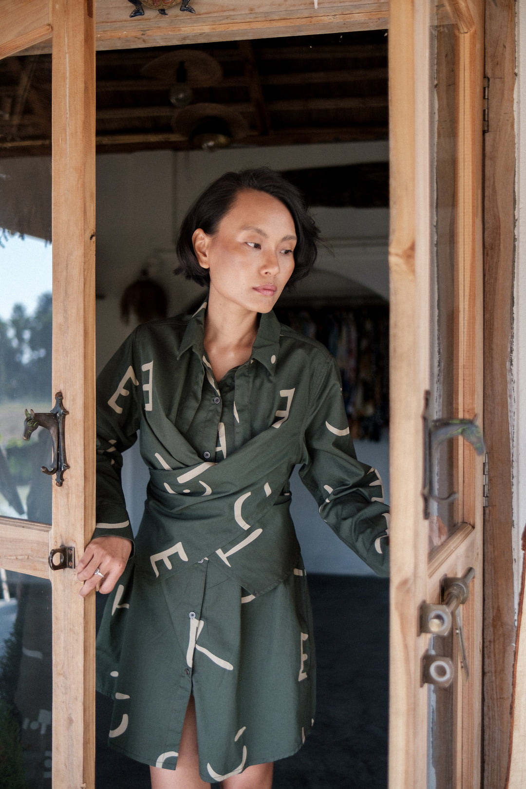 The Terra Tribe Deep Green Line Printed Seattle Wrap Shirt Dress