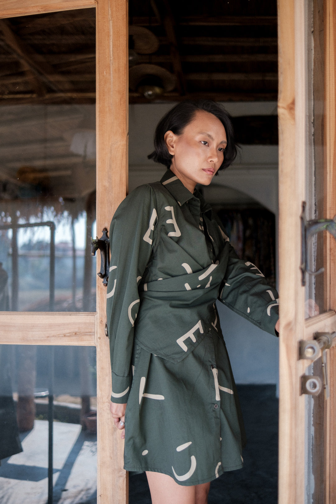 The Terra Tribe Deep Green Line Printed Seattle Wrap Shirt Dress