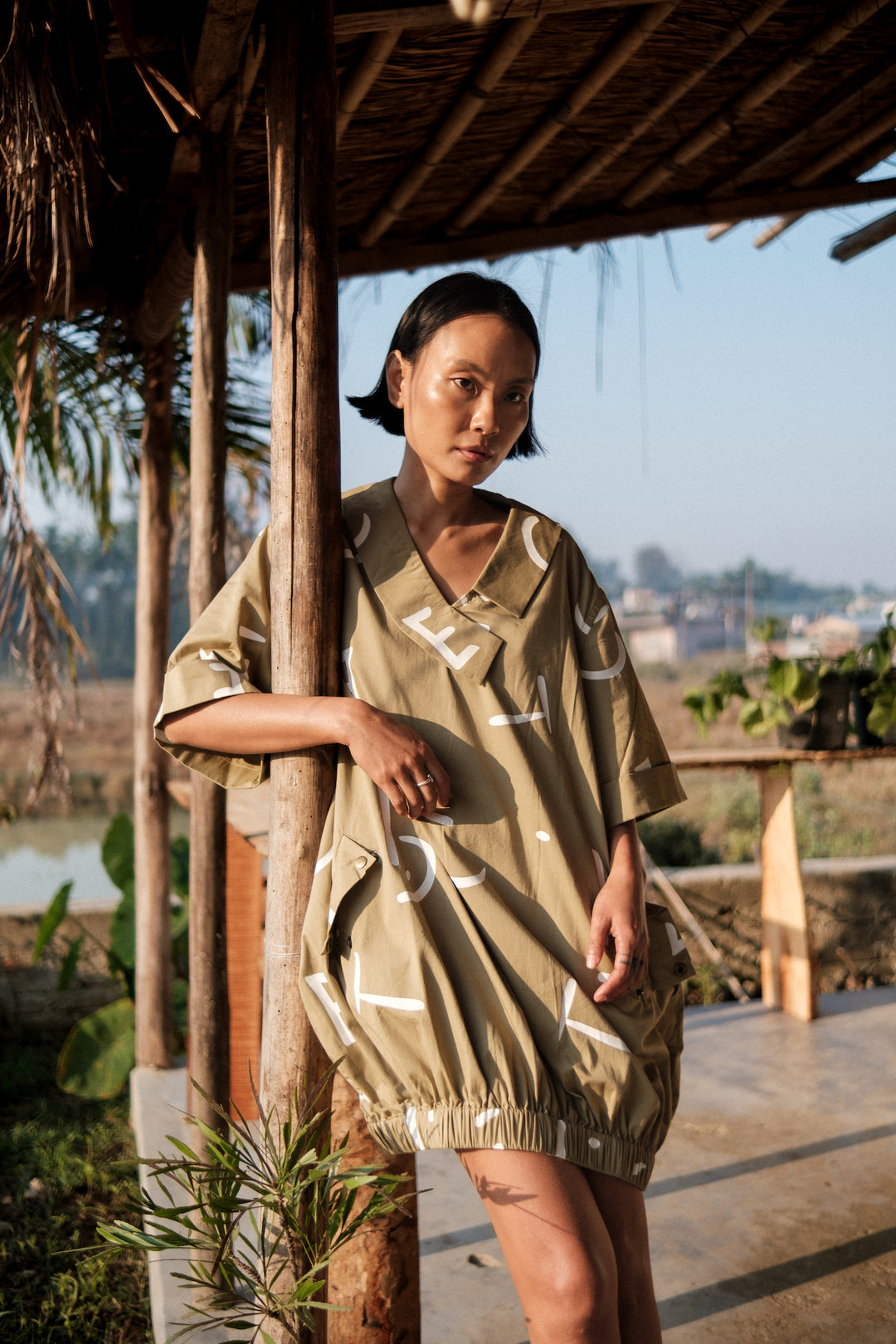 The Terra Tribe Khaki Line Printed Sydney Shift Dress