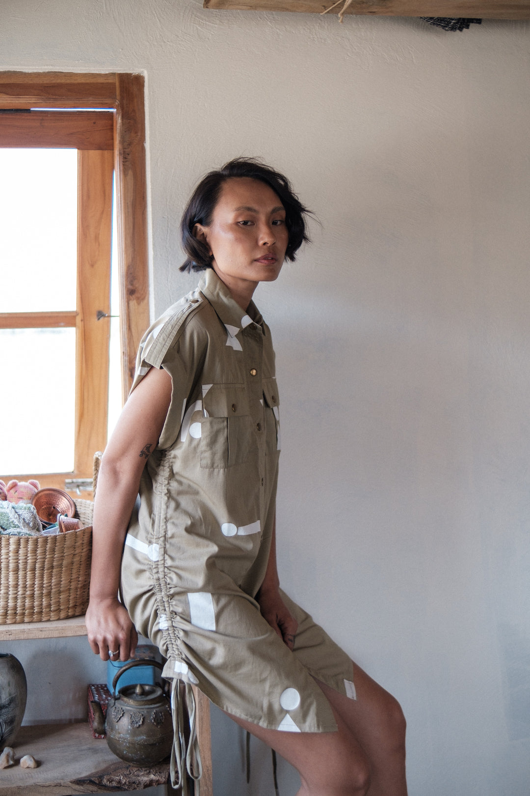 The Terra Tribe Khaki Triangle Printed Sunrise Gather Shirt