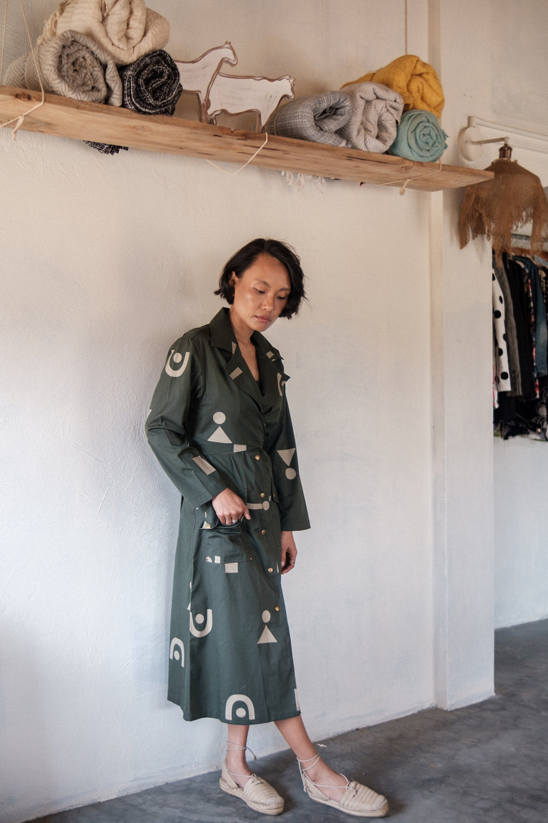 The Terra Tribe Deep Green Triangle Printed Copenhagen Trench