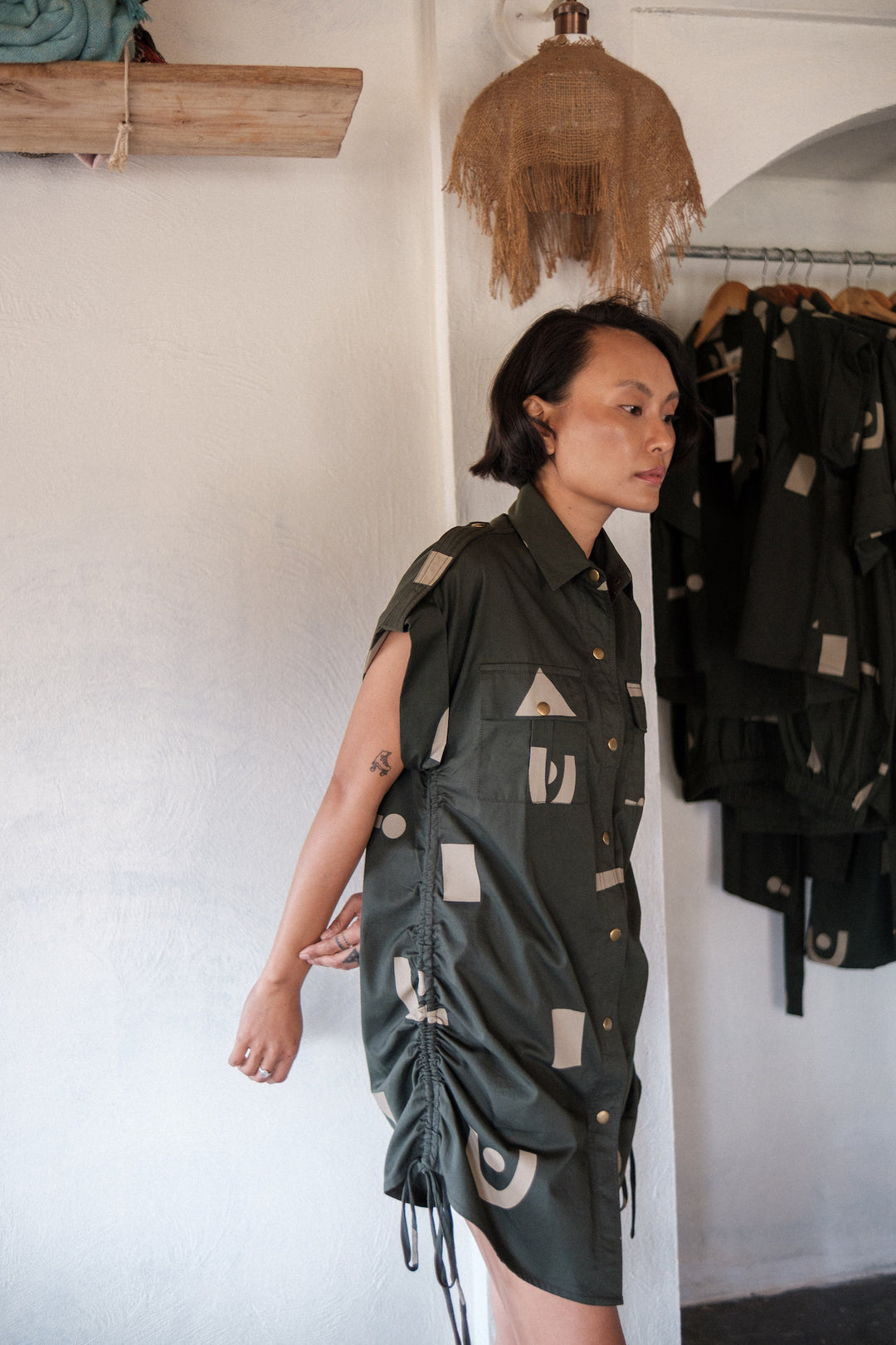 The Terra Tribe Deep Green Triangle Printed Sunrise Gather Shirt