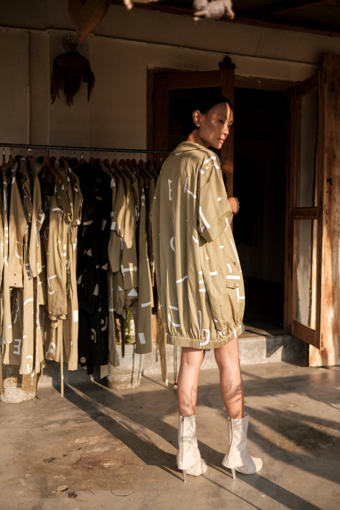The Terra Tribe Khaki Line Printed Sydney Shift Dress