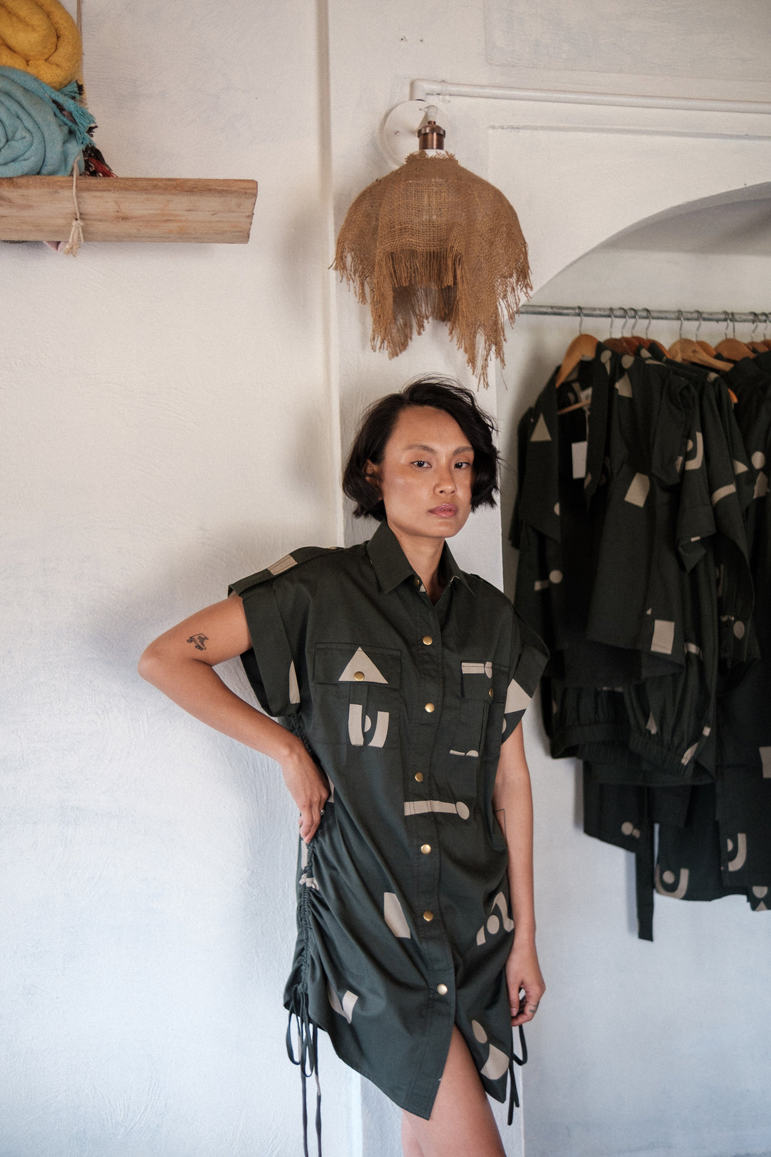 The Terra Tribe Deep Green Triangle Printed Sunrise Gather Shirt