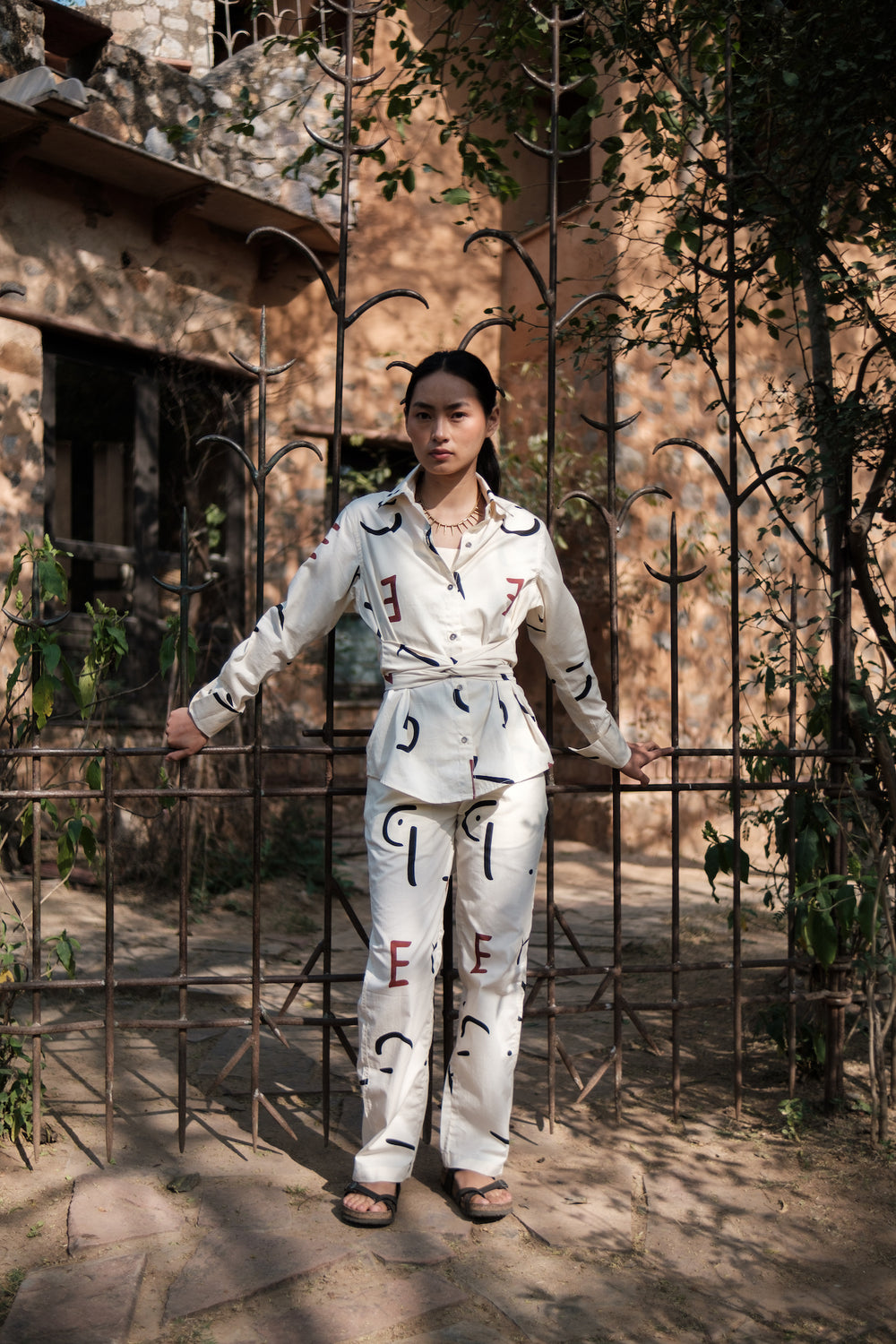 The Terra Tribe Ecru Line Printed Nara Front Knot Shirt