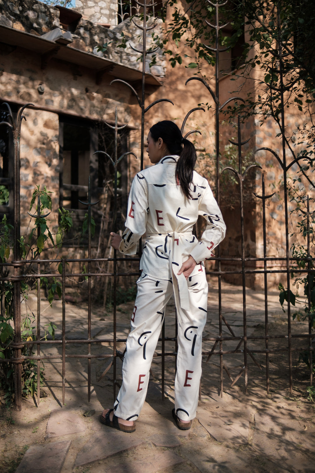 The Terra Tribe Ecru Line Printed Sandra Straight Pants