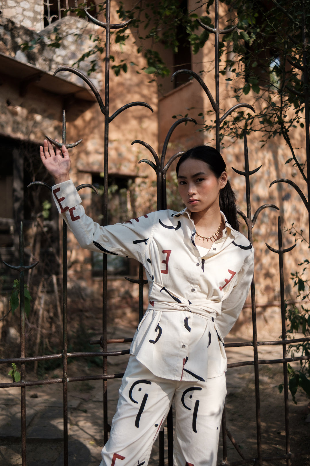 The Terra Tribe Ecru Line Printed Nara Front Knot Shirt