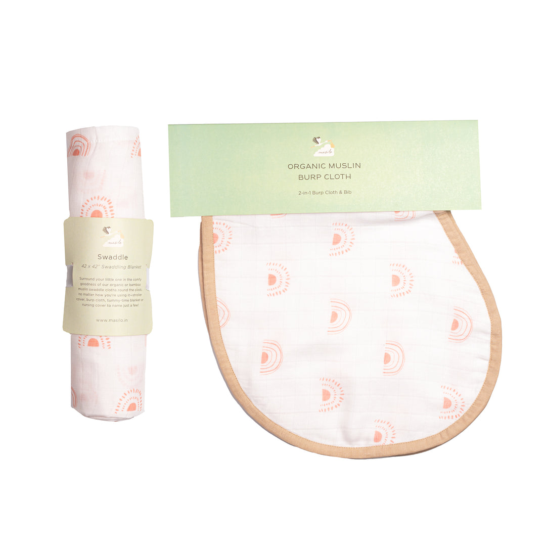 Organic Muslin Swaddle & Burp Cloth Bib - Over the Rainbow