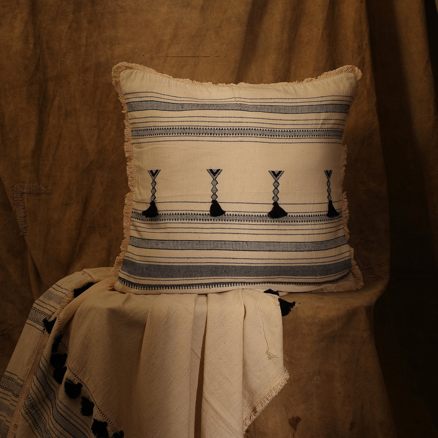 Black and off-white antique organic cotton cushion cover ( L-20″ x W- 20")