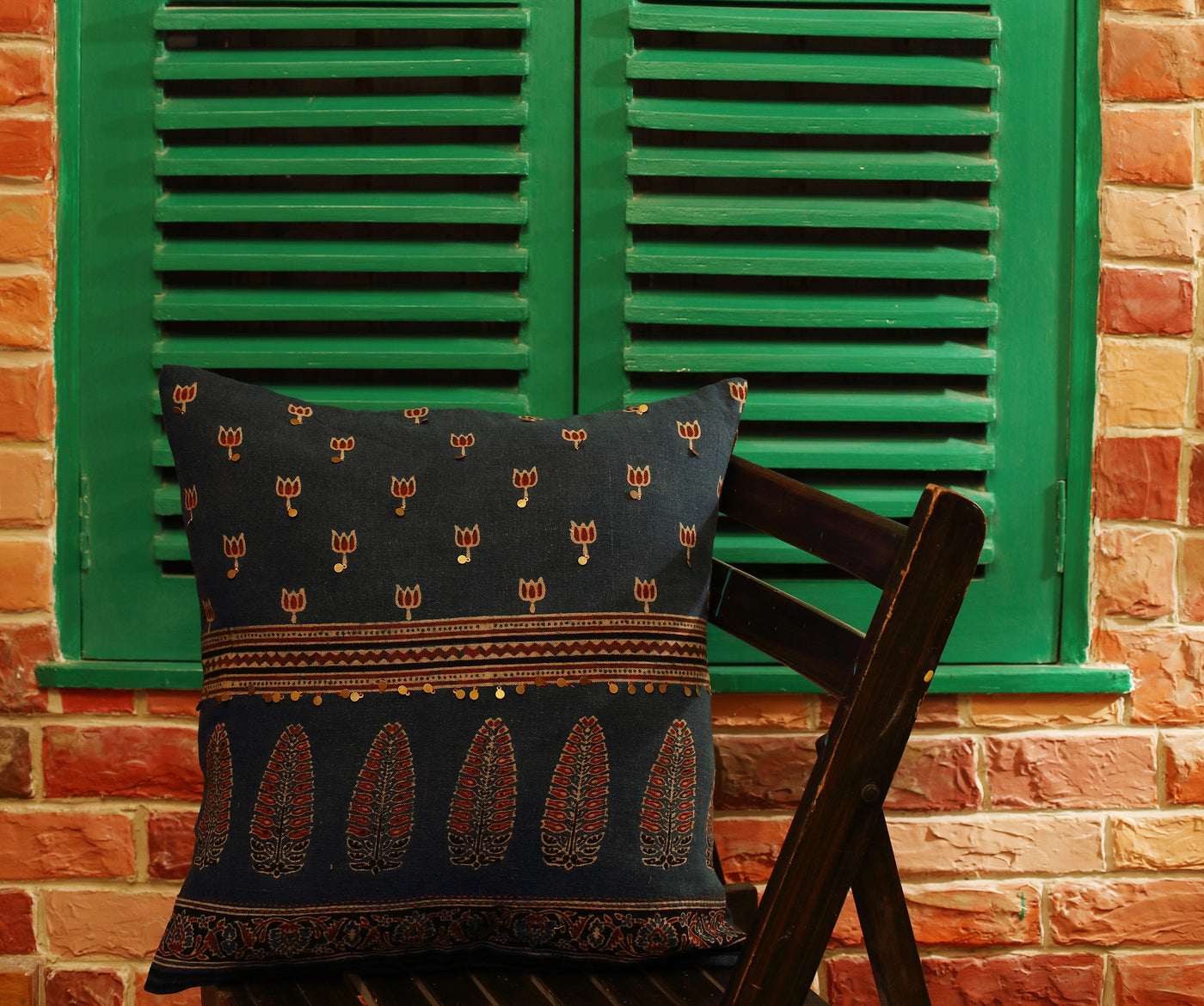 Ajrak indigo handcrafted organic cotton cushion cover (18" x 18")