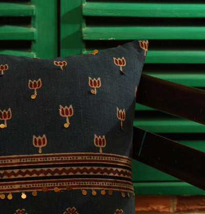 Ajrak indigo handcrafted organic cotton cushion cover (18" x 18")