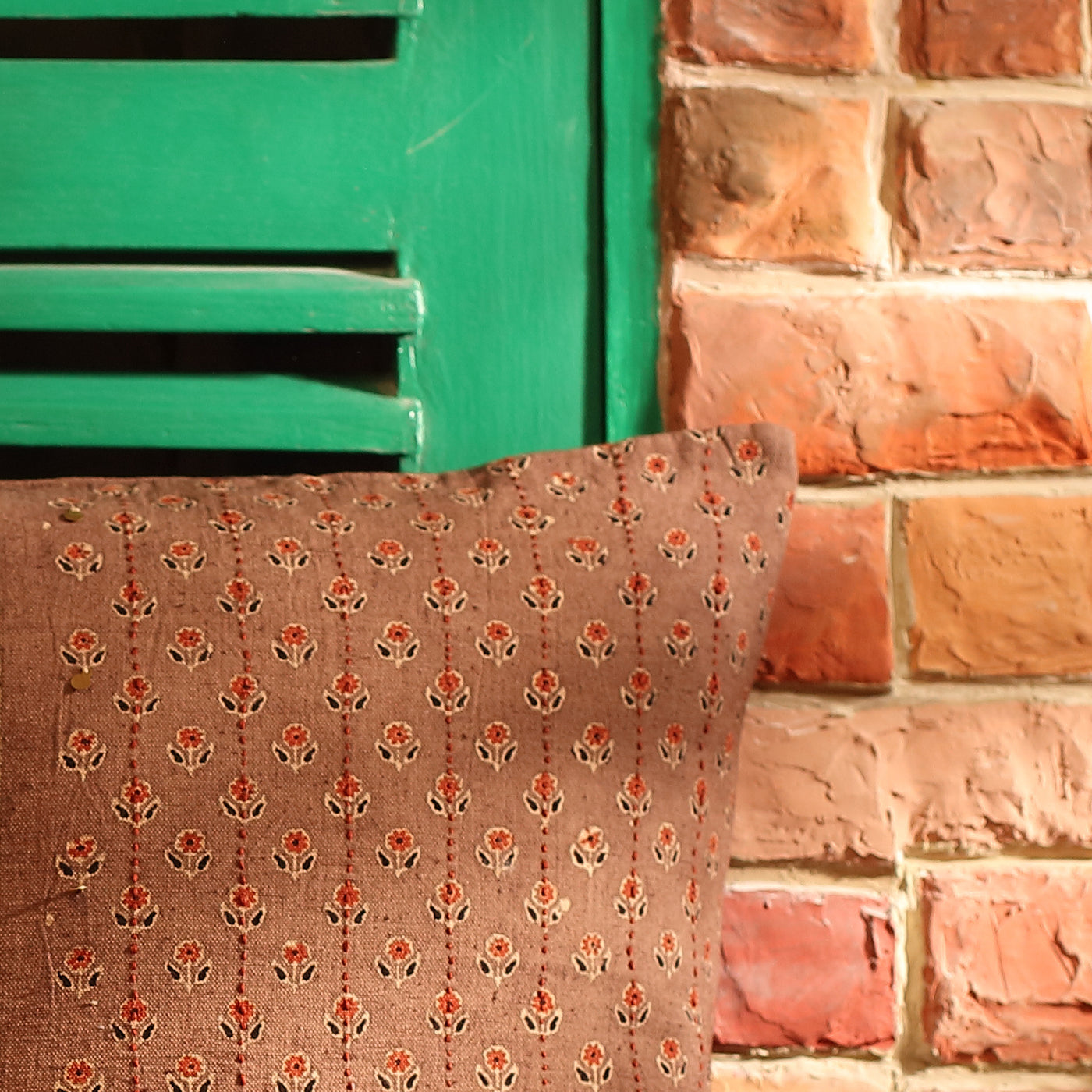Ajrak brick handcrafted organic cotton cushion cover (16" x 16")