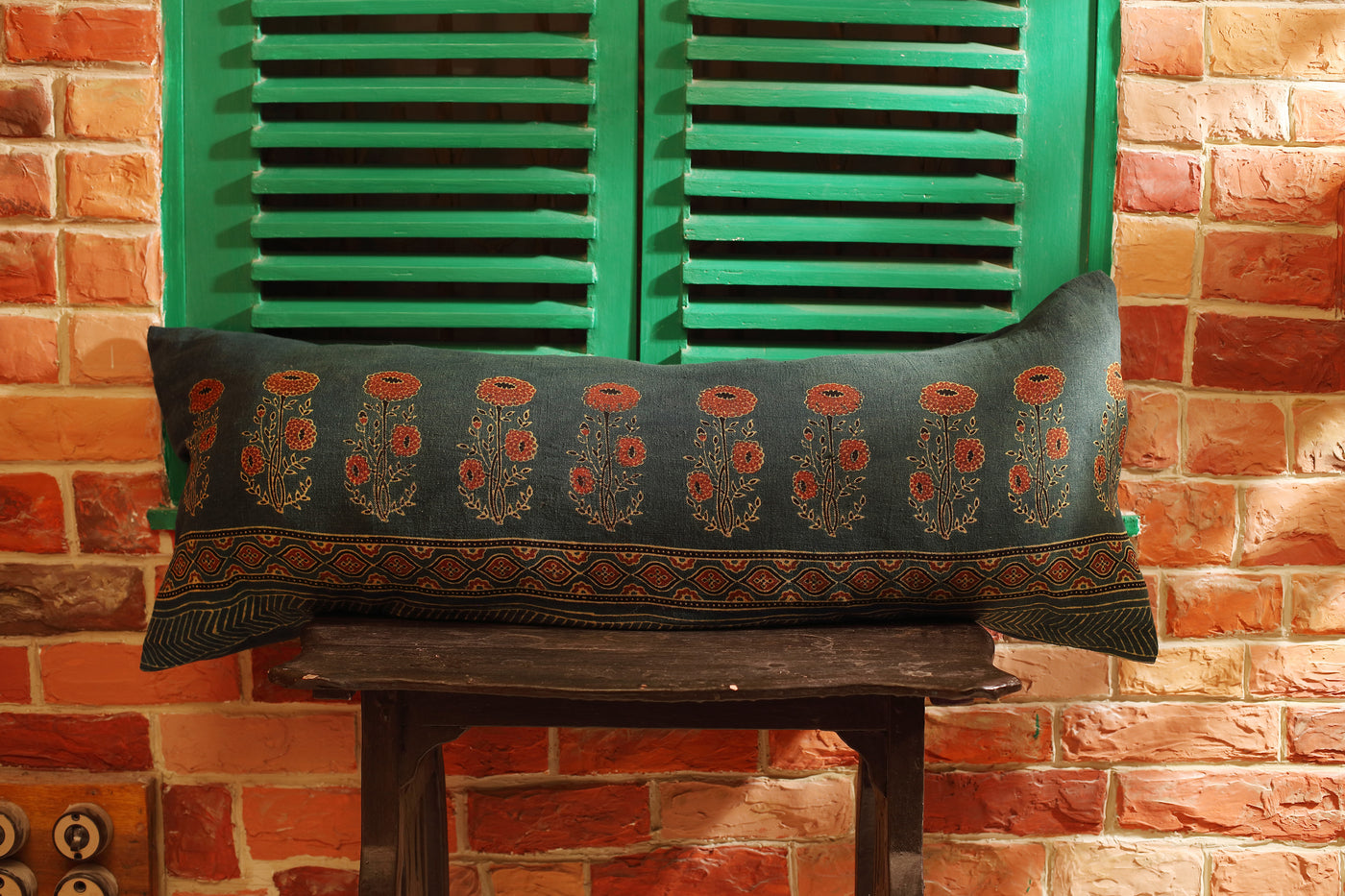 Ajrak indigo green handcrafted organic cotton cushion cover (14" x 35")