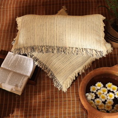 Stripped organic cotton cushion cover with fringes (18" x 18")