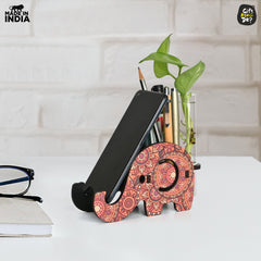 Gift Kya De Elephant Shaped Wooden Pen Holder & Mobile Stand | Mandala Art Design | Also with Test Tube Planter