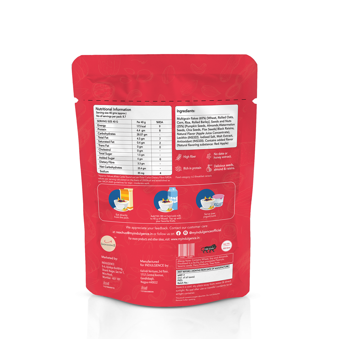 INDULGENCE Zero Added Sugar Muesli 350 Gms ( With Almonds and Raisins)