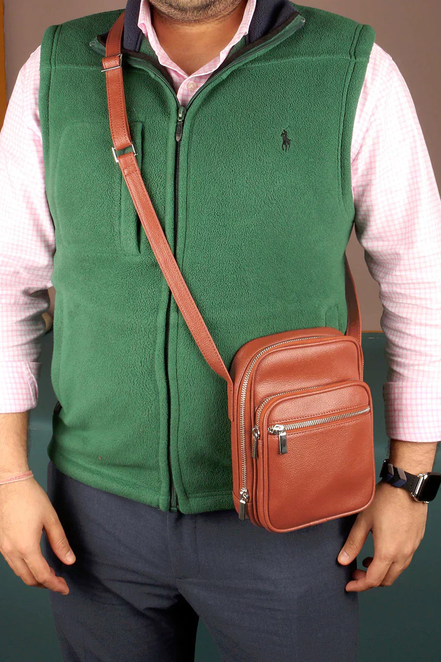 The House Of Ganges Men Letter Patch Vegan Leather Crossbody