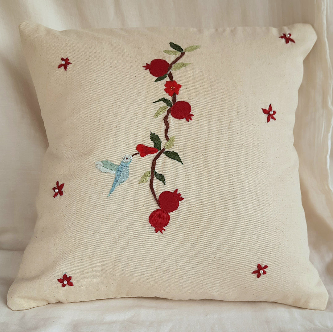 Embroidered "Pomogranate and Sunbird "Cushion Cover