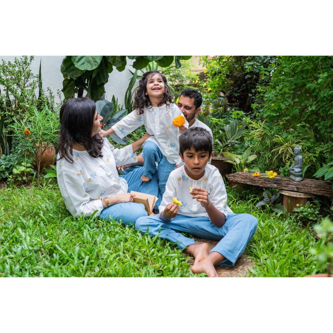 Masaya Cute Blue night wear-Masaya Organic Cotton Kids Kurta Pajama Set - Colours of the Earth - Elle Blue