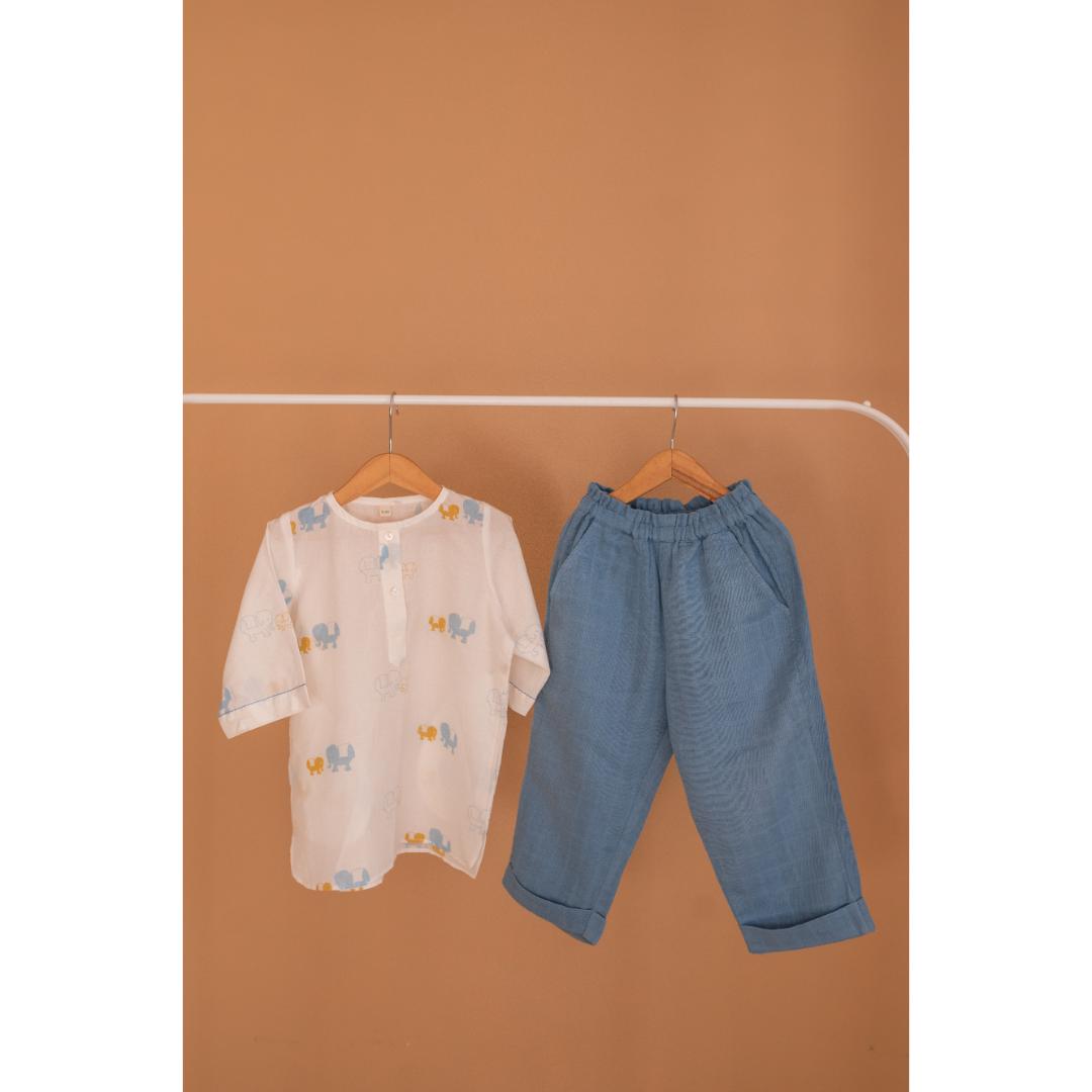 Masaya Cute Blue night wear-Masaya Organic Cotton Kids Kurta Pajama Set - Colours of the Earth - Elle Blue