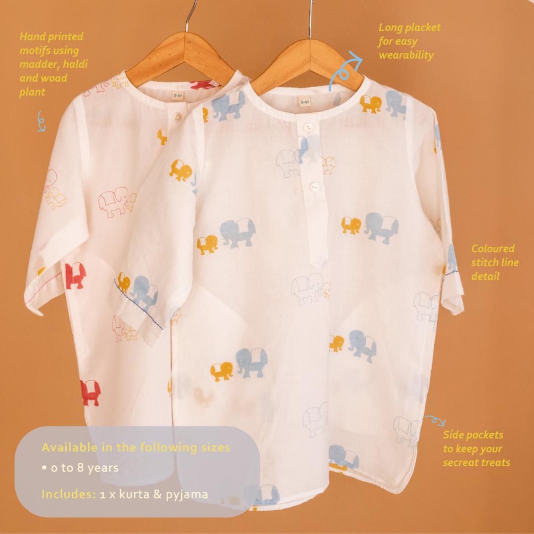 Masaya Cute Blue night wear-Masaya Organic Cotton Kids Kurta Pajama Set - Colours of the Earth - Elle Blue