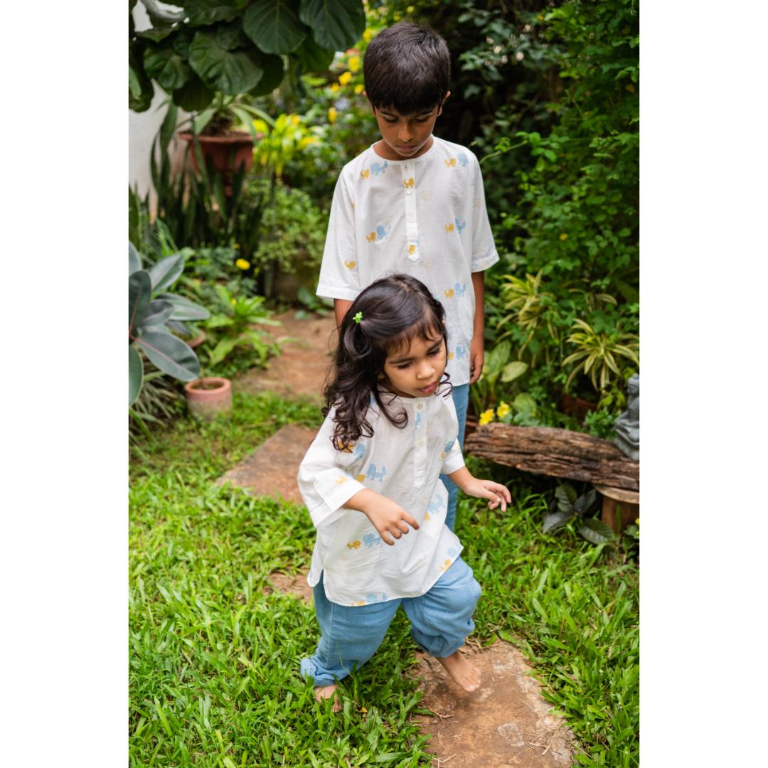 Masaya Cute Blue night wear-Masaya Organic Cotton Kids Kurta Pajama Set - Colours of the Earth - Elle Blue