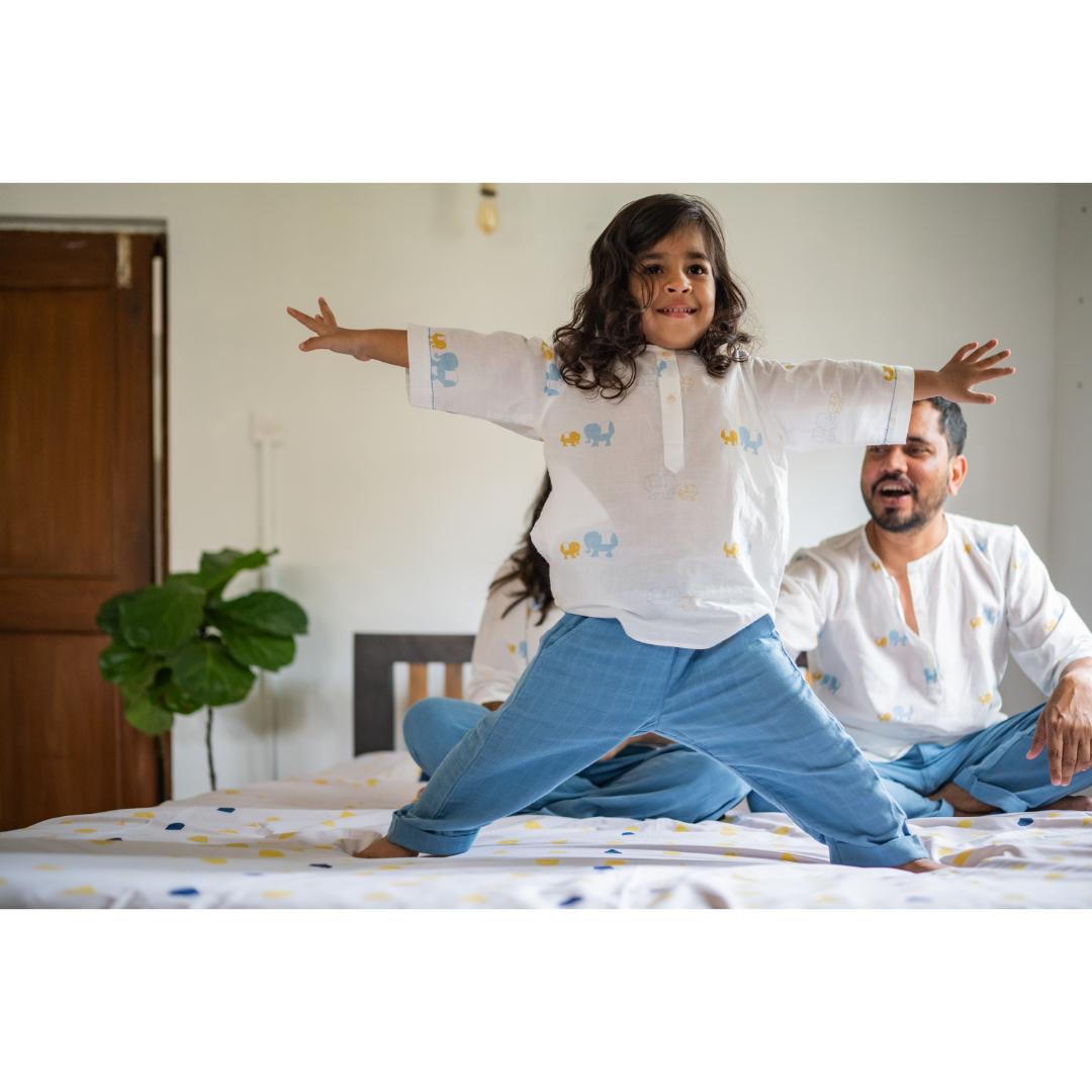 Masaya Cute Blue night wear-Masaya Organic Cotton Kids Kurta Pajama Set - Colours of the Earth - Elle Blue
