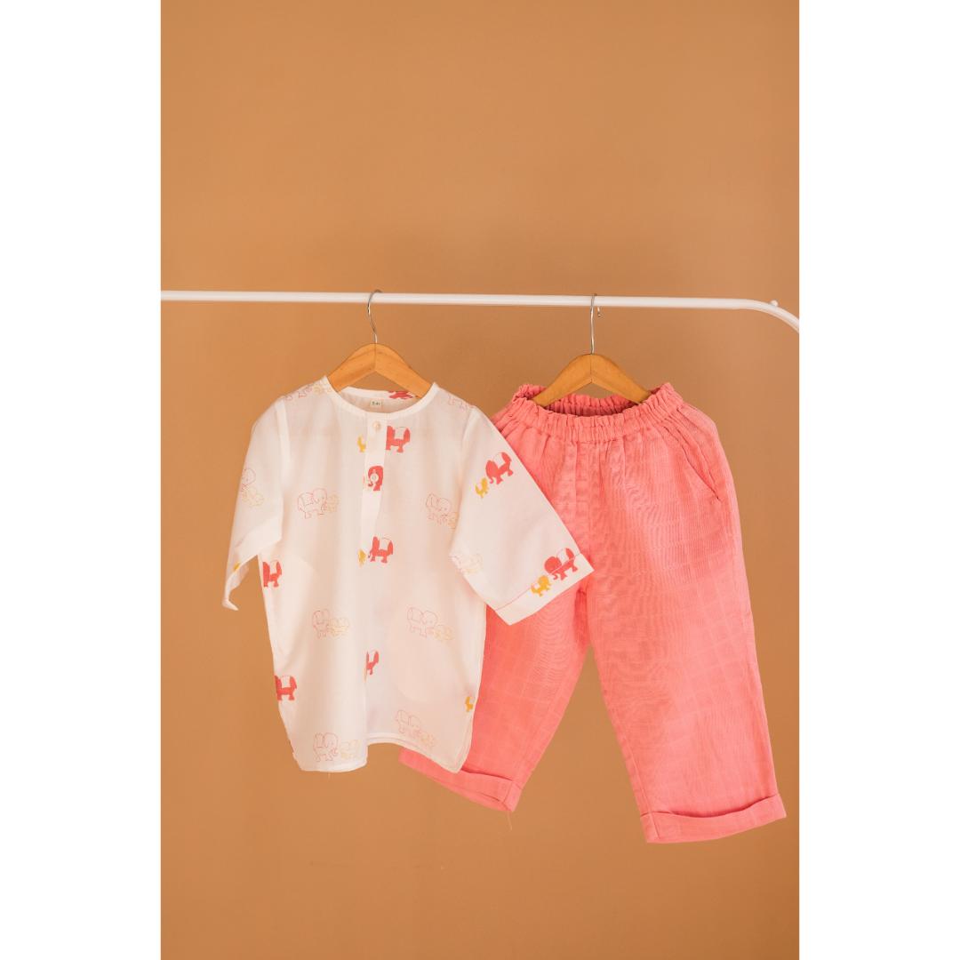 Masaya Cute Pink Night wear- Masaya Organic Cotton Kids Kurta Pajama Set - Colours of the Earth - Elle Pink