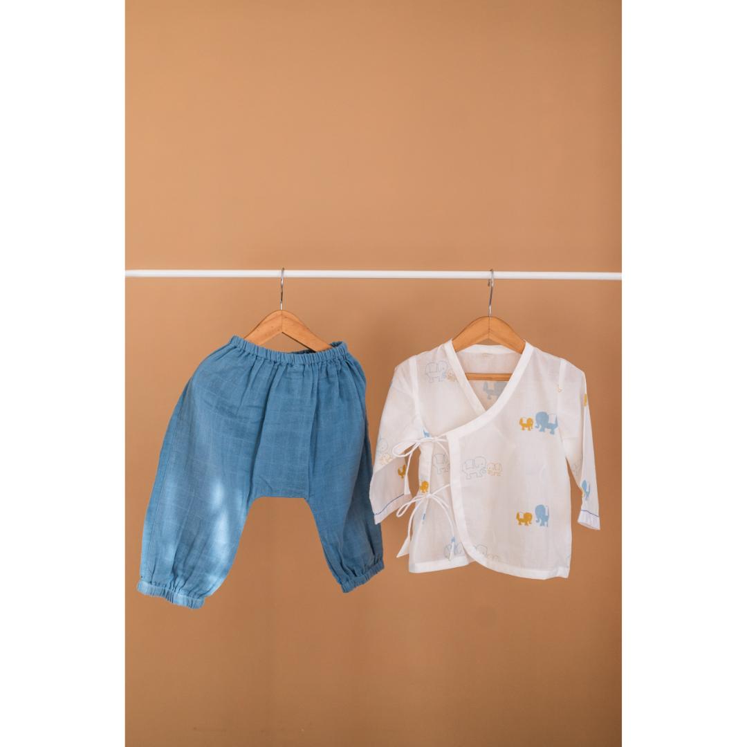 Masaya Cute White and Blue Jhabla set-Masaya Organic Cotton Baby Jhabla Pajama Set - Colours of the Earth - Elle Blue