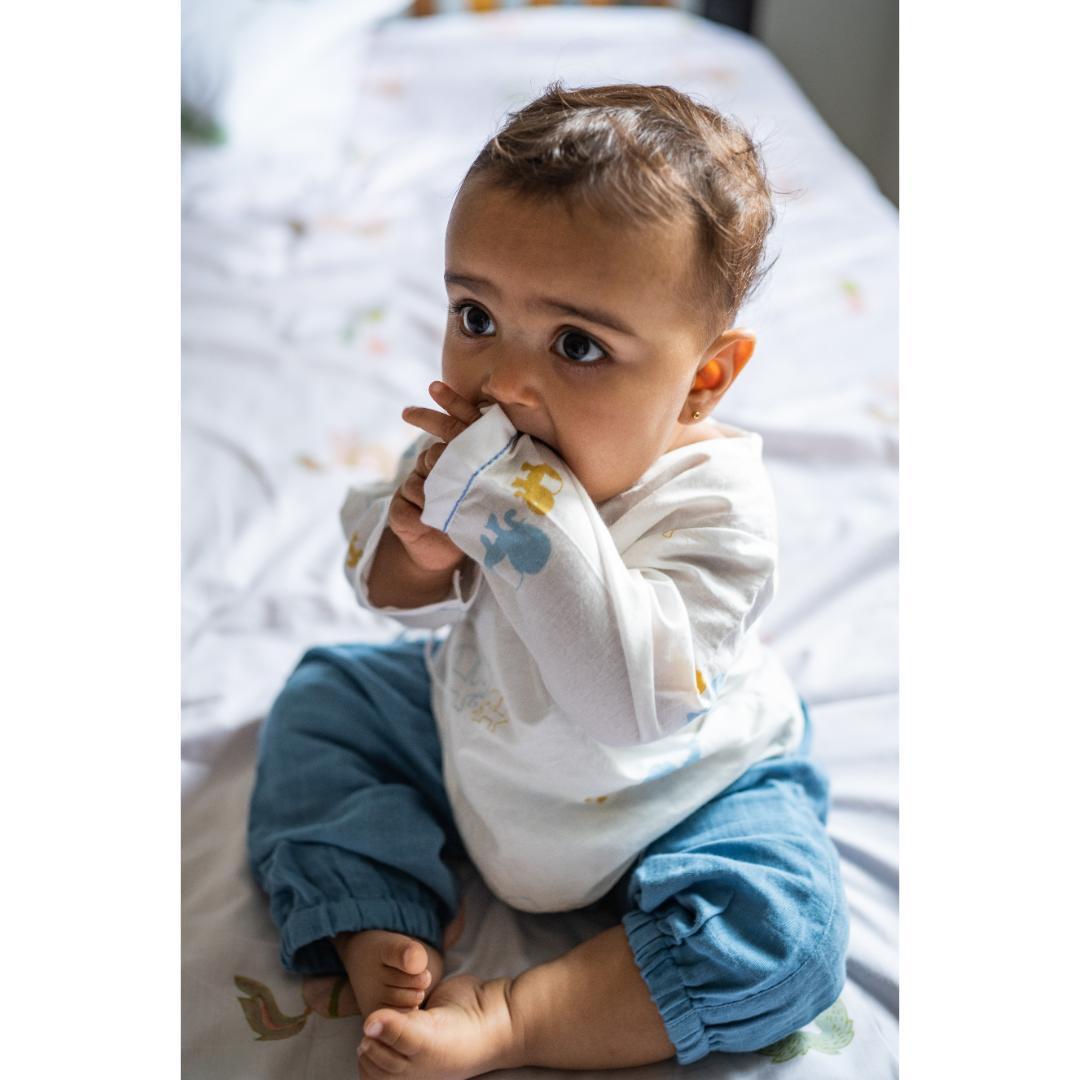 Masaya Cute White and Blue Jhabla set-Masaya Organic Cotton Baby Jhabla Pajama Set - Colours of the Earth - Elle Blue