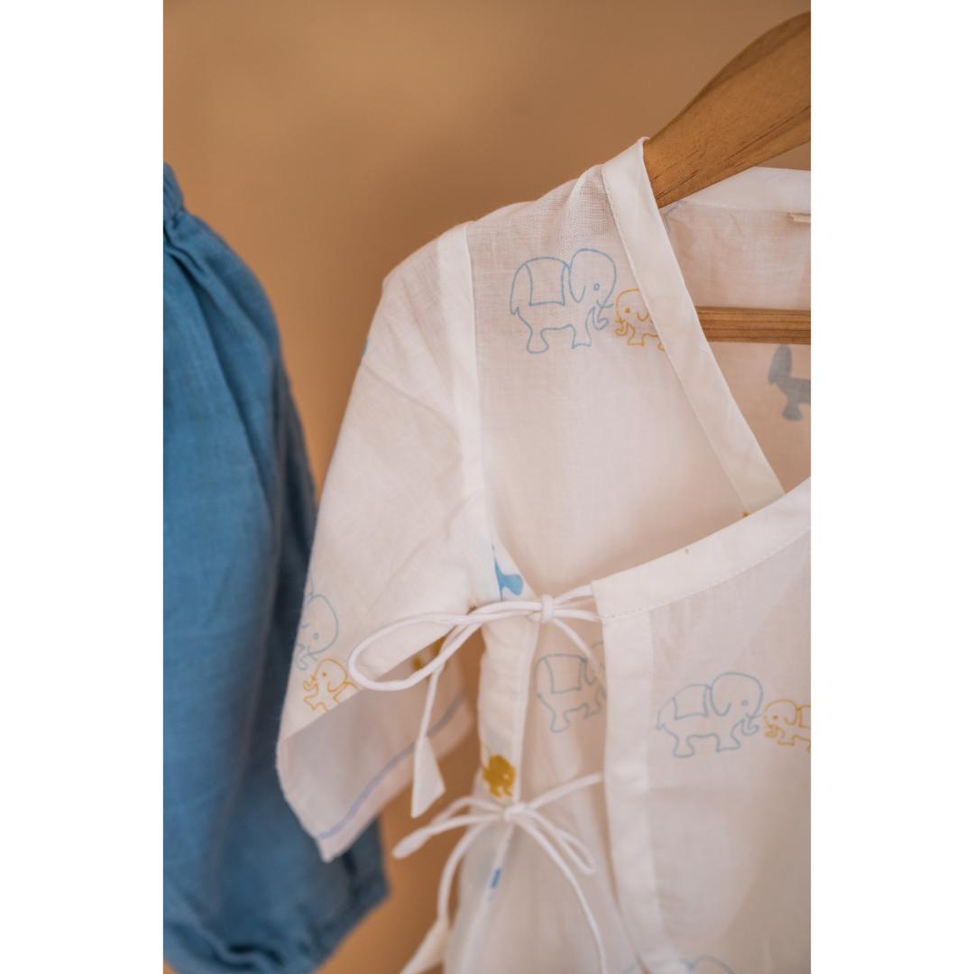 Masaya Cute White and Blue Jhabla set-Masaya Organic Cotton Baby Jhabla Pajama Set - Colours of the Earth - Elle Blue