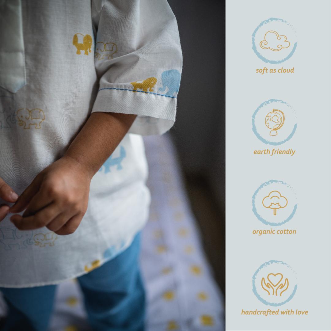 Masaya Cute White and Blue Jhabla set-Masaya Organic Cotton Baby Jhabla Pajama Set - Colours of the Earth - Elle Blue