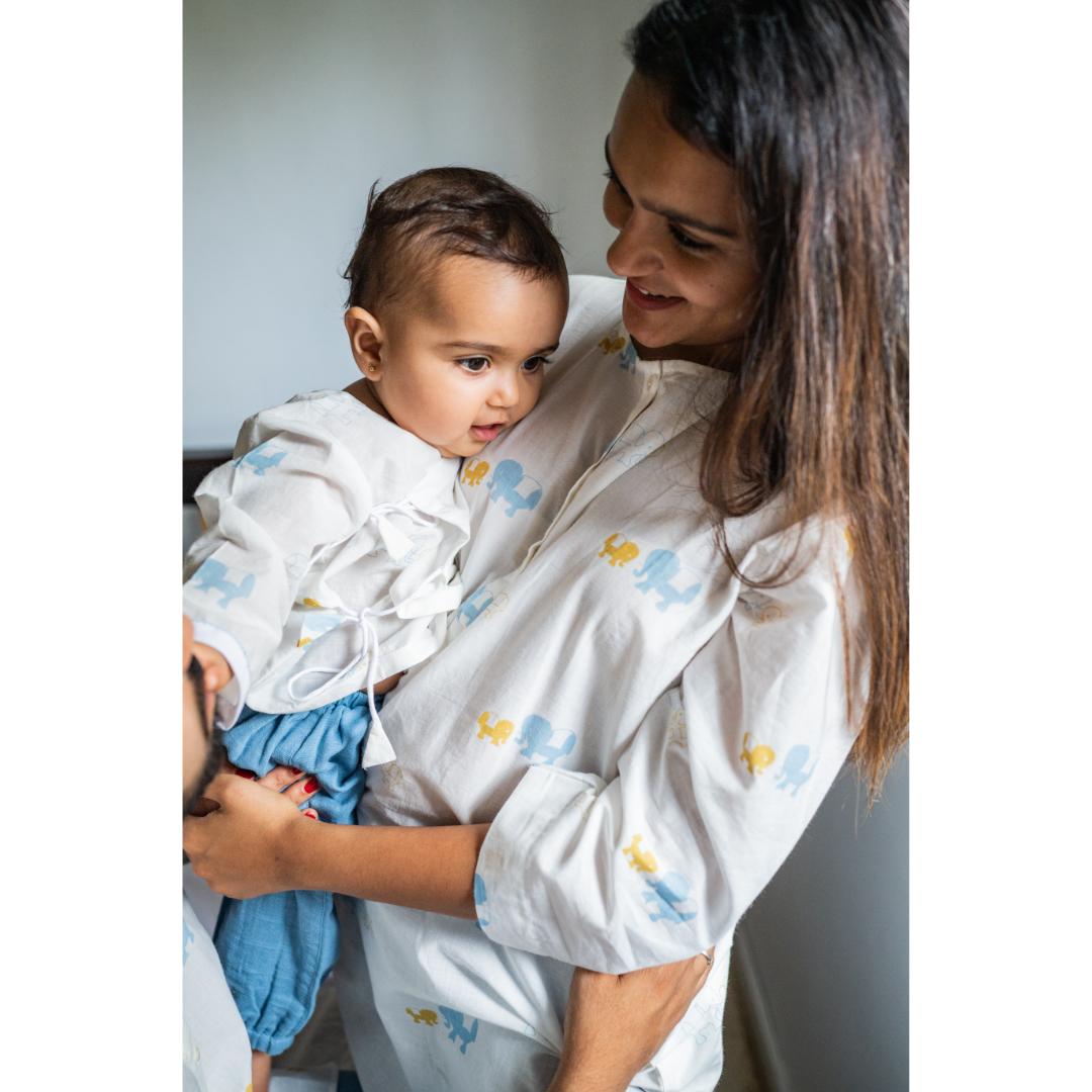 Masaya Cute White and Blue Jhabla set-Masaya Organic Cotton Baby Jhabla Pajama Set - Colours of the Earth - Elle Blue