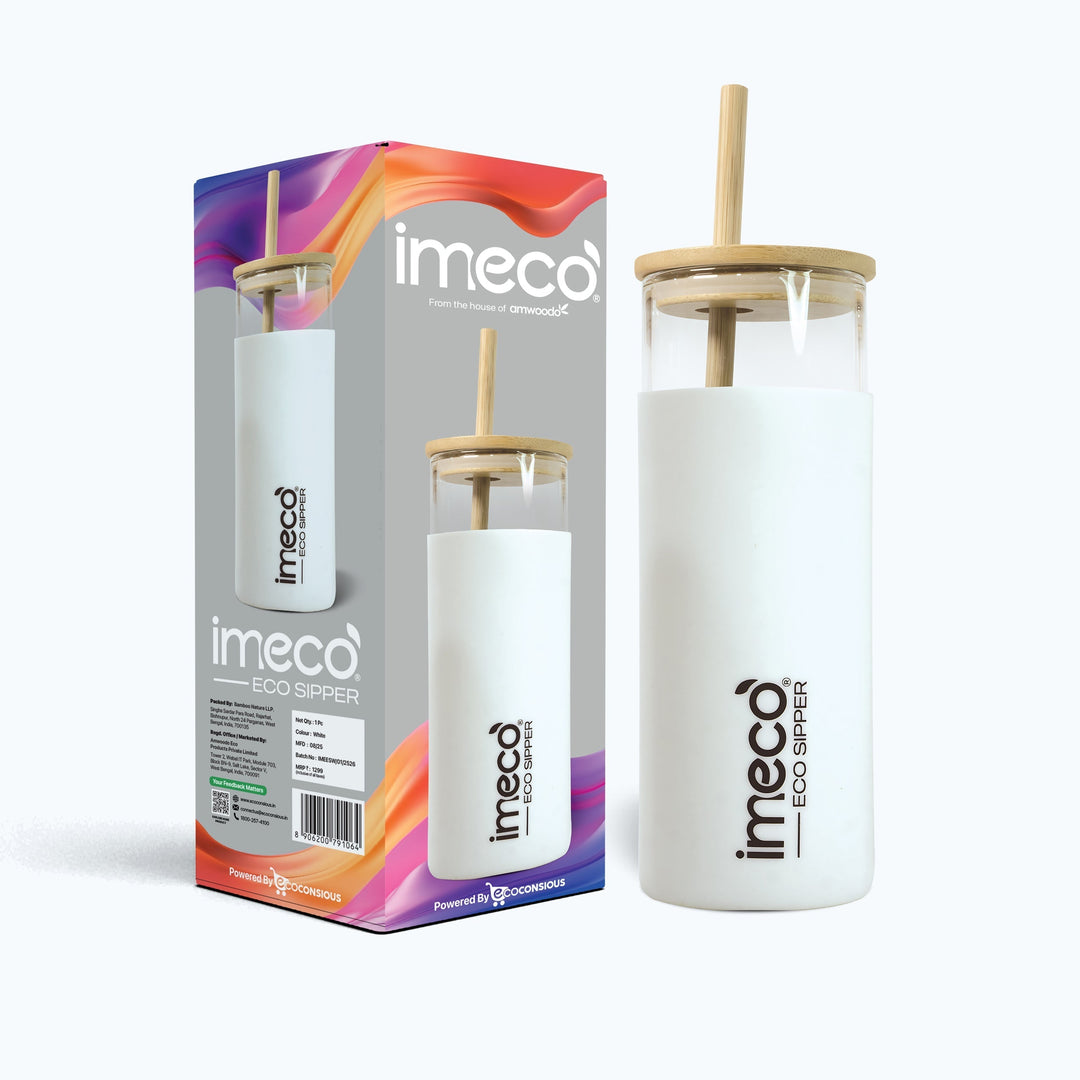 IMECO ECO-SIPPER Glass Sipper Bottle with Stylish Bamboo Lid & Straw - Leak & Sweat Proof 450 ml