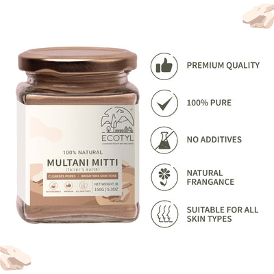 Ecotyl Pure Multani Mitti | Face Pack for Exfoliation & Clear Skin | Bentonite Clay - 150g