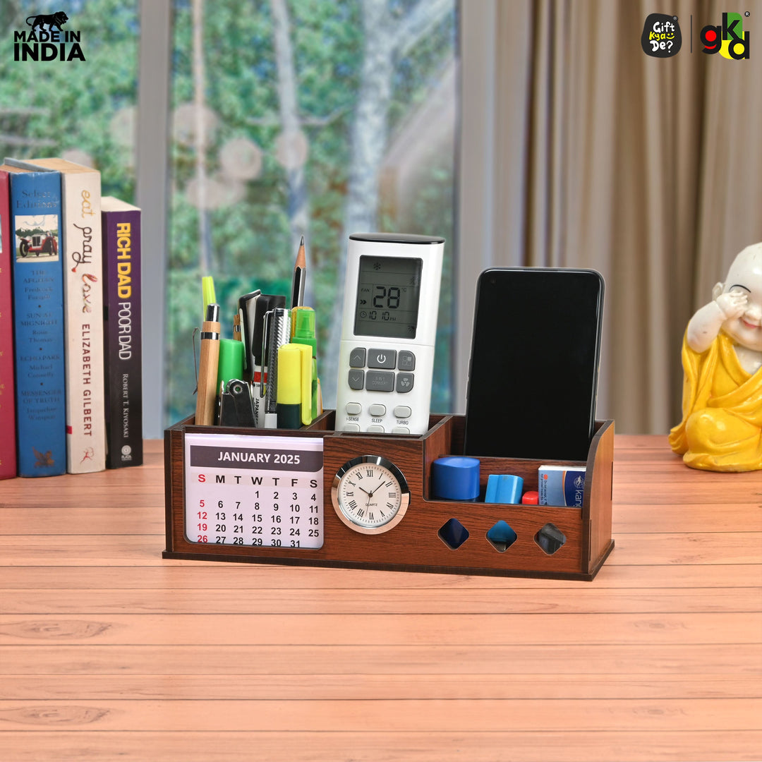 Gift Kya De Wooden Desk Organizer with Calendar, Clock and 4 Compartments for Stationery, Mobile and Remote | Tabletop Organizer for Office and Home Use