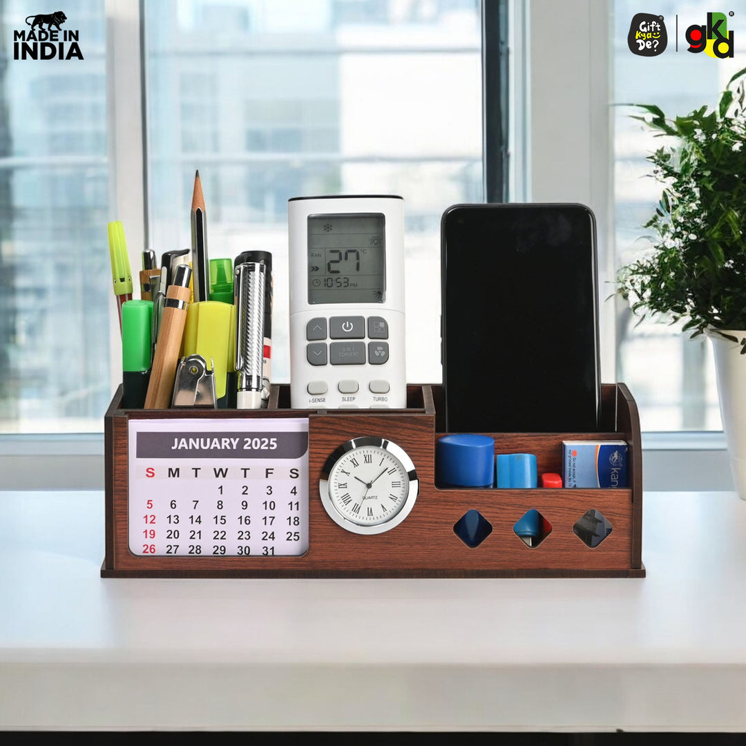 Gift Kya De Wooden Desk Organizer with Calendar, Clock and 4 Compartments for Stationery, Mobile and Remote | Tabletop Organizer for Office and Home Use