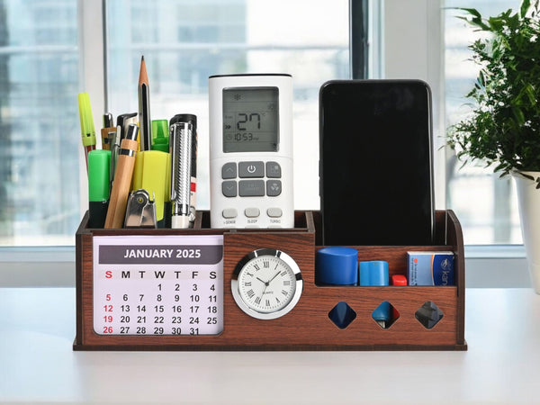 Gift Kya De Wooden Desk Organizer with Calendar, Clock and 4 Compartments for Stationery, Mobile and Remote | Tabletop Organizer for Office and Home Use