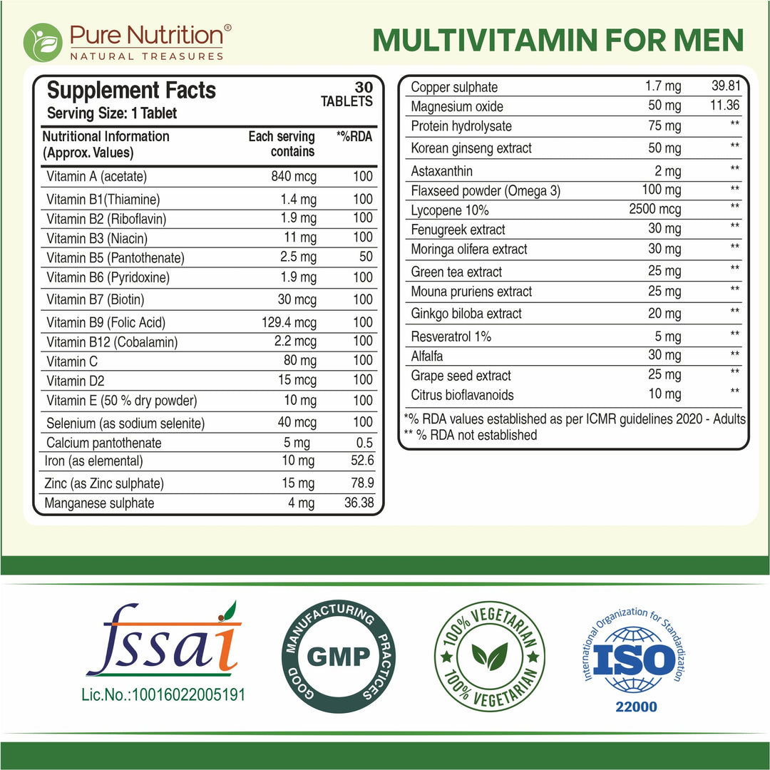 Multivitamin for Men – 30 Vegetarian Tablets | Comprehensive Wellness with 32+ Nutrients