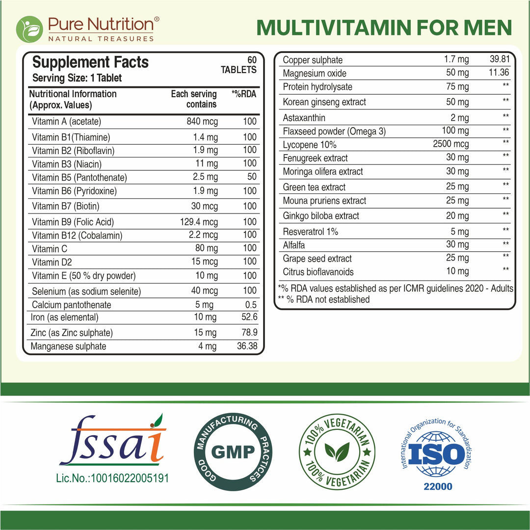 Multivitamin for Men - 60 Vegetarian Tablets | Daily Wellness with 32+ Vitamins, Minerals, and Herbal Extracts