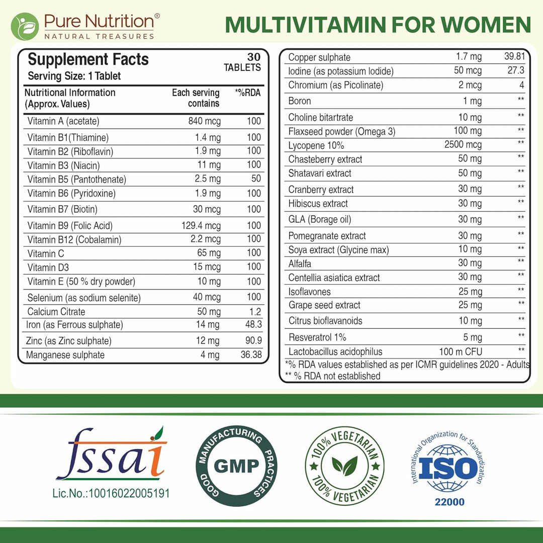 Multivitamin Tablets for Women | 37+ Vitamins, Minerals & Herbs for Wellness| 30 veg Tablets