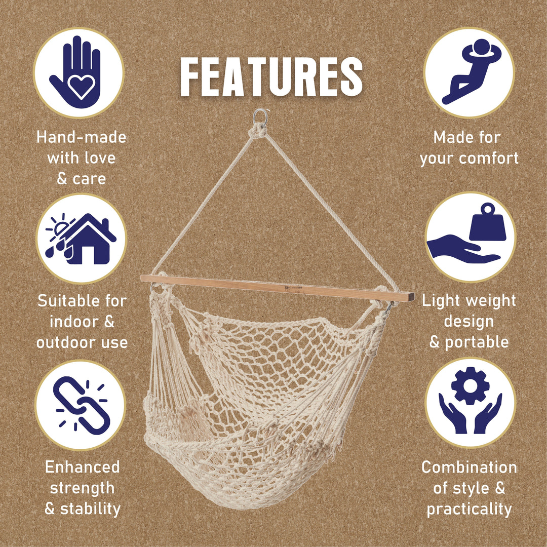 Slack Jack Polyester Rope Swing Chair with Free Hanging Accessories | Boho Hammock Jhula for Adults & Kids | Indoor & Outdoor Hanging Oonjal Swing for Home Décor, Balcony, Patio, Garden (Oatmeal)