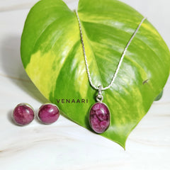 Natural Fuchsia Pink Stone Earrings, Pendant & Chain Set