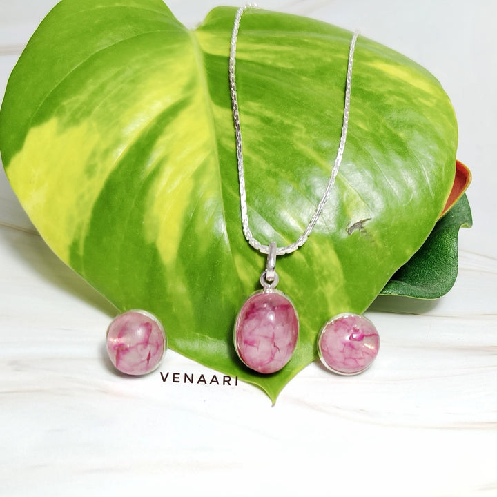 Natural Pink Stone Earrings, Pendant & Chain Set - Suspire