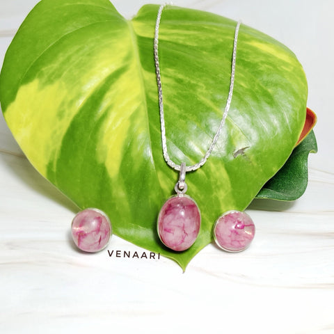 Natural Pink Stone Earrings, Pendant & Chain Set