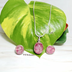 Natural Pink Stone Earrings, Pendant & Chain Set