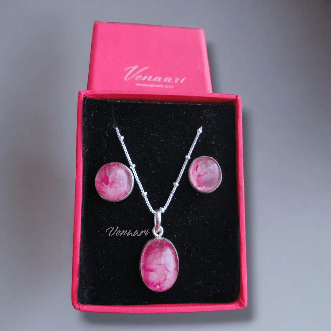 Natural Pink Stone Earrings, Pendant & Chain Set - Suspire