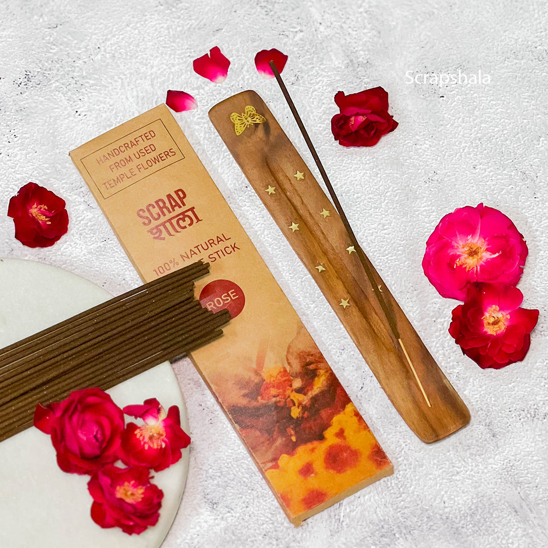 Scrapshala Rose natural incense stick gift pack | made from temple flowers | chemical-free | charcoal-free | comes with wooden Agarbatti stand