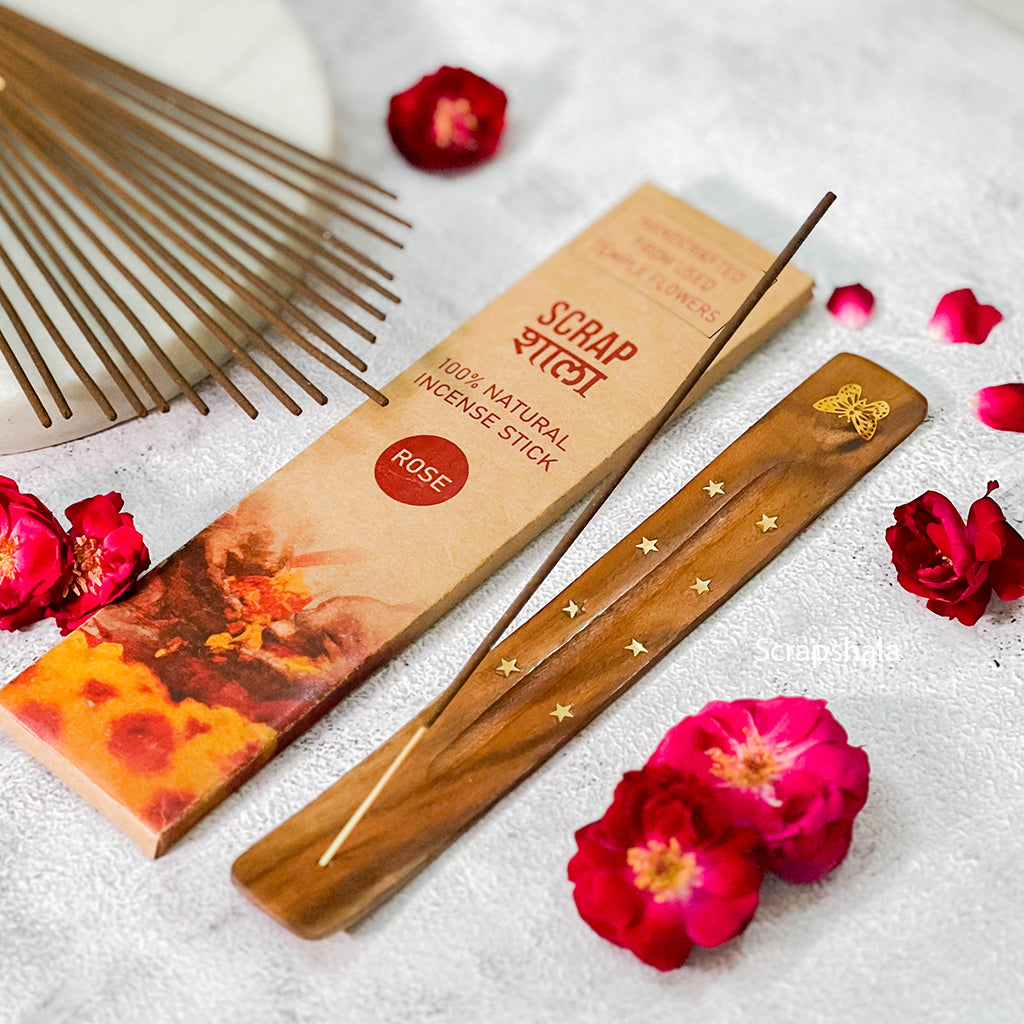 Scrapshala Rose natural incense stick gift pack | made from temple flowers | chemical-free | charcoal-free | comes with wooden Agarbatti stand